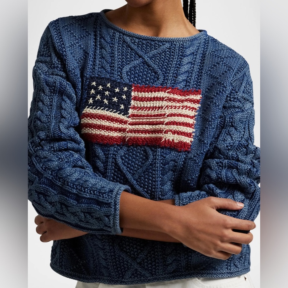 NWT Polo Ralph Lauren Navy Cable Knit Aran Sweater with Flag - Picture 2 of 5